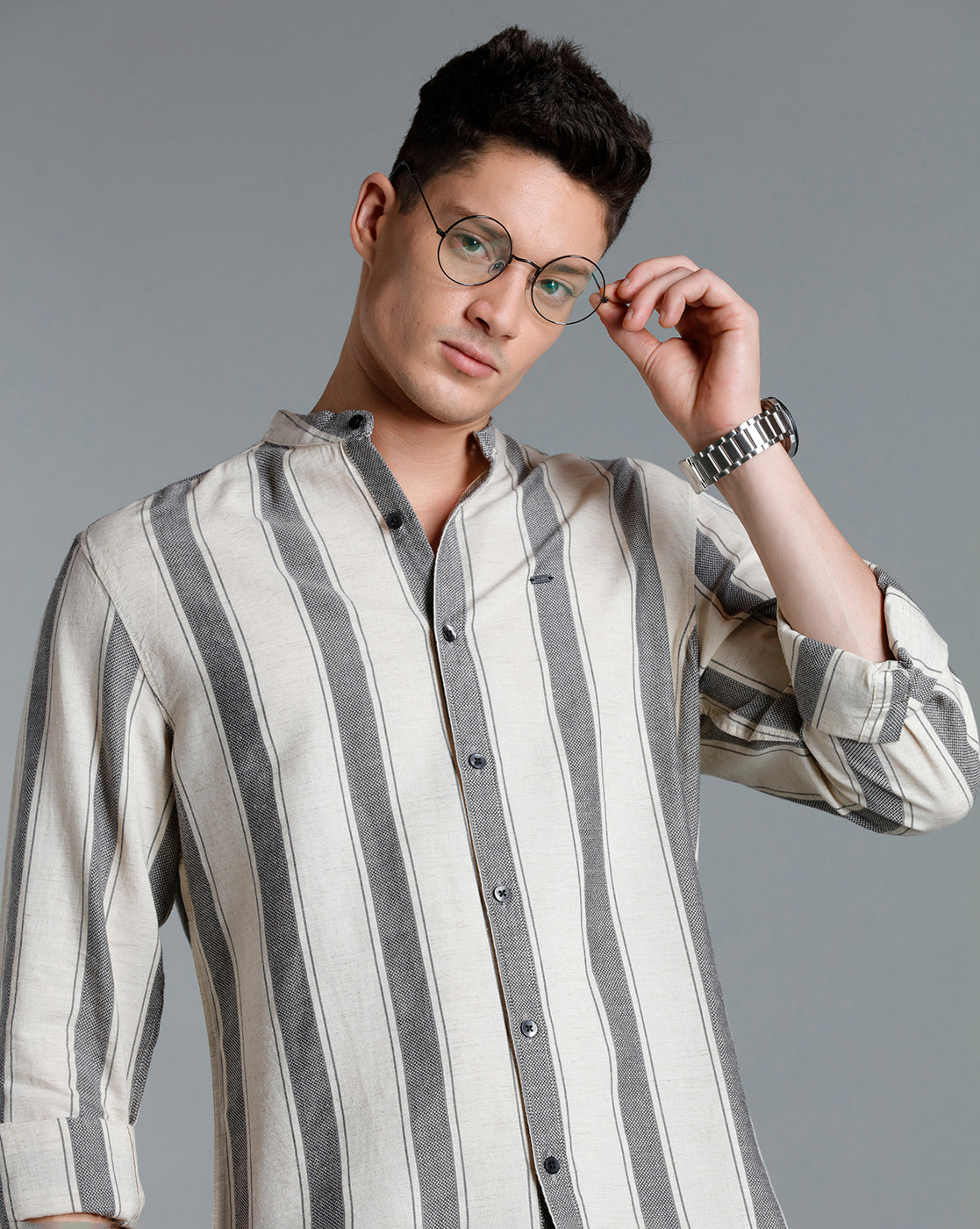 IDENTITI Men Slim Fit Mandarin Collar Striped Shirt In Beige