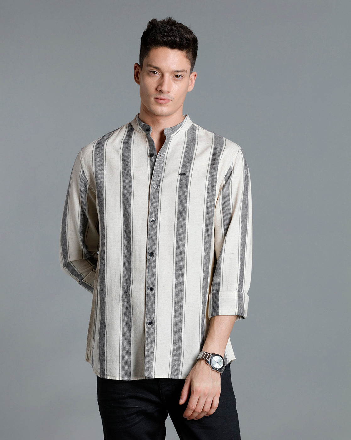 IDENTITI Men Slim Fit Mandarin Collar Striped Shirt In Beige