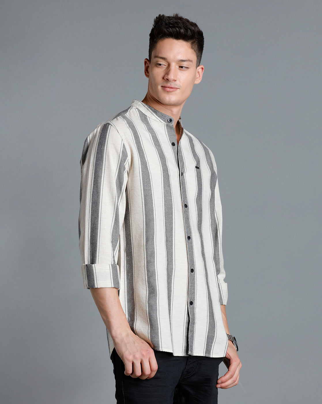 IDENTITI Men Slim Fit Mandarin Collar Striped Shirt In Beige