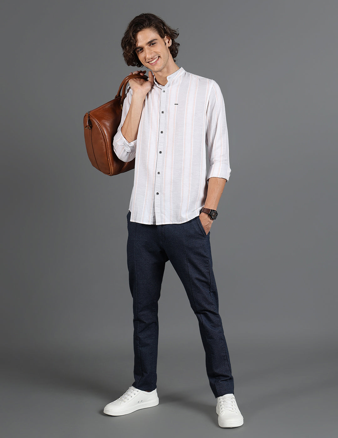 IDENTITI Men Slim Fit Mandarin Collar Striped Shirt In Grey.