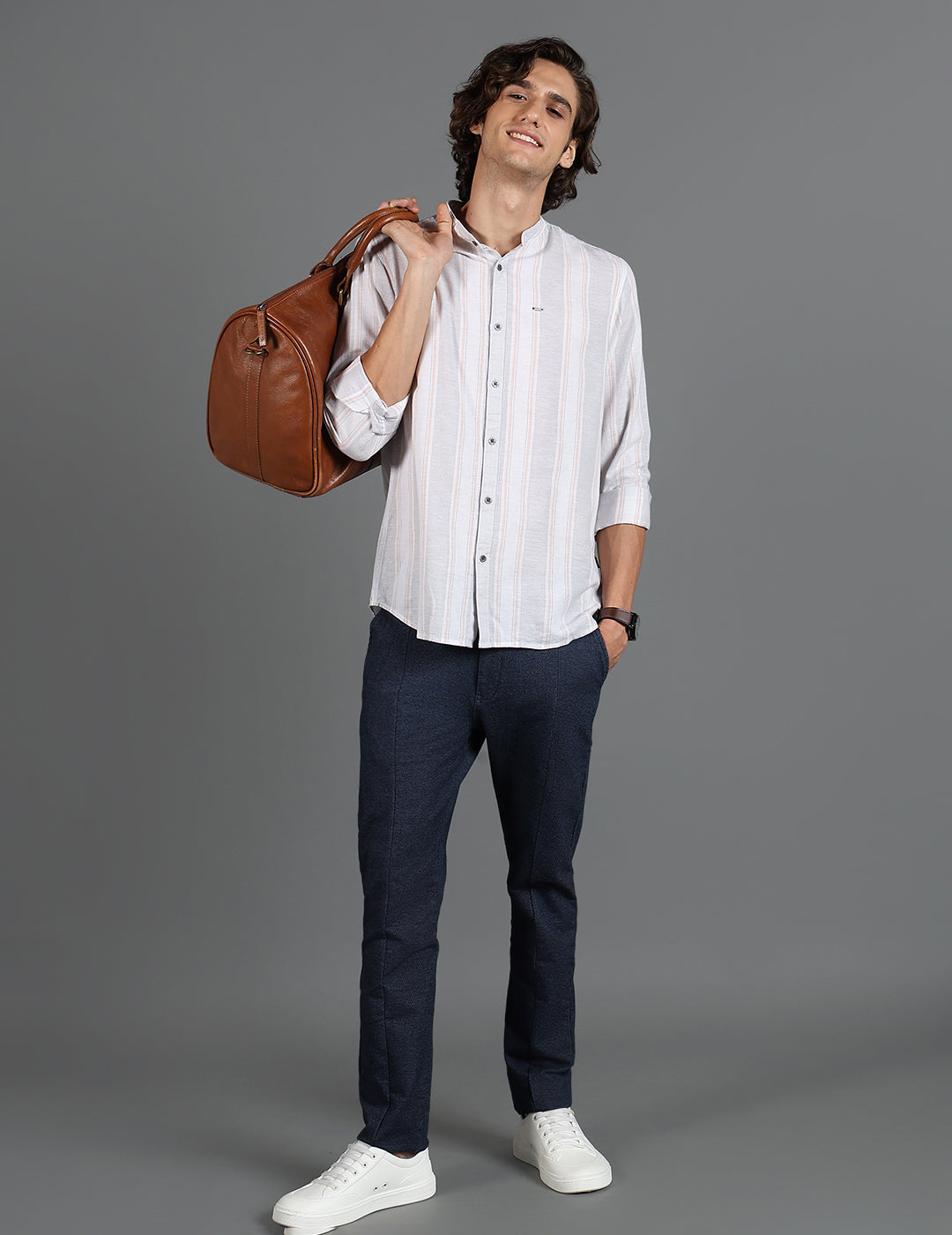 IDENTITI Men Slim Fit Mandarin Collar Striped Shirt In Grey.