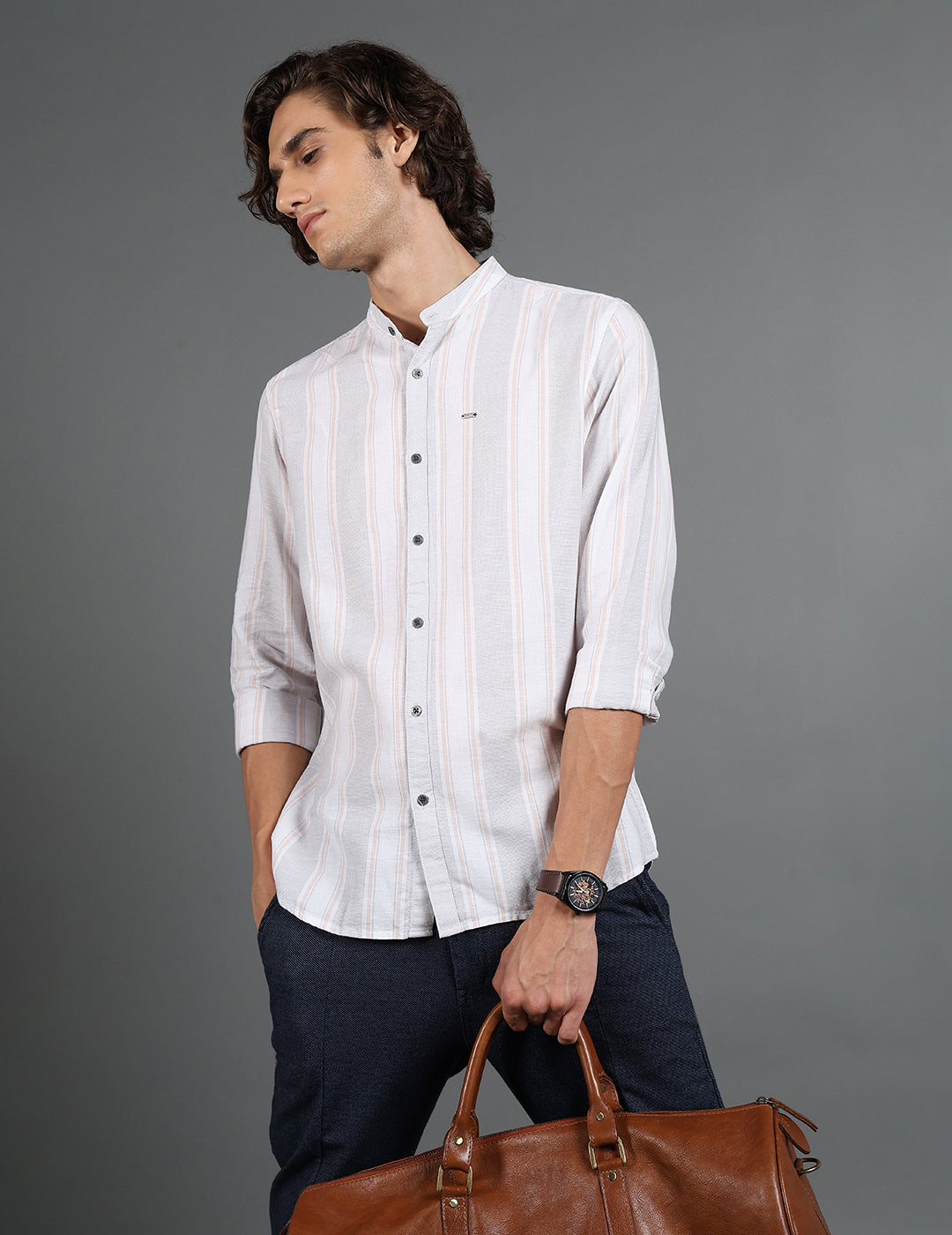 IDENTITI Men Slim Fit Mandarin Collar Striped Shirt In Grey.