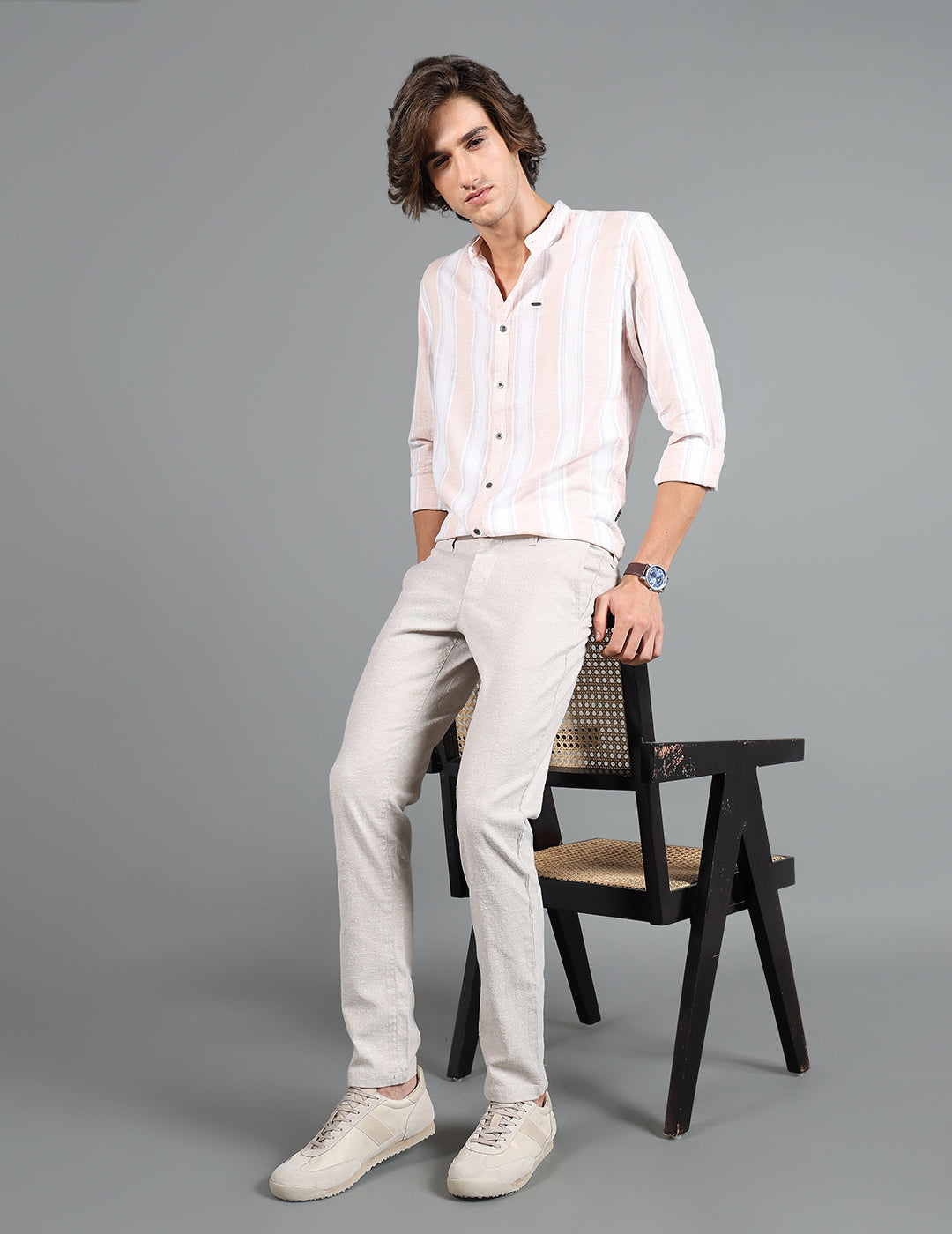 IDENTITI Men Slim Fit Mandarin Collar Striped Shirt In Peach.