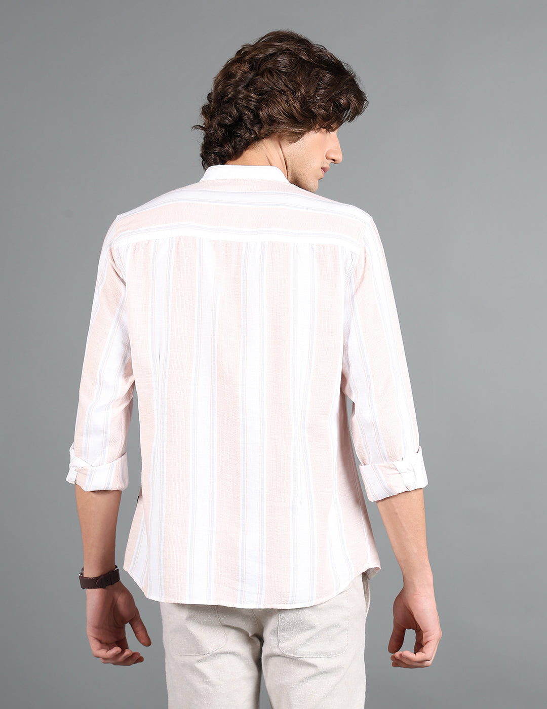 IDENTITI Men Slim Fit Mandarin Collar Striped Shirt In Peach.