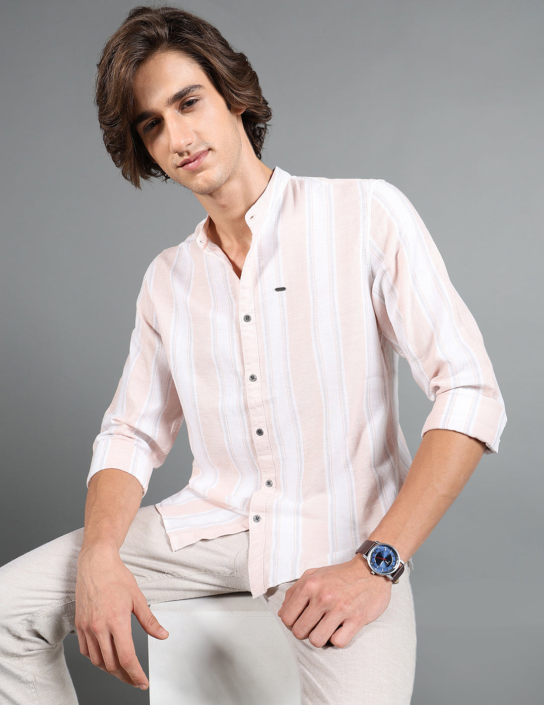 IDENTITI Men Slim Fit Mandarin Collar Striped Shirt In Peach.