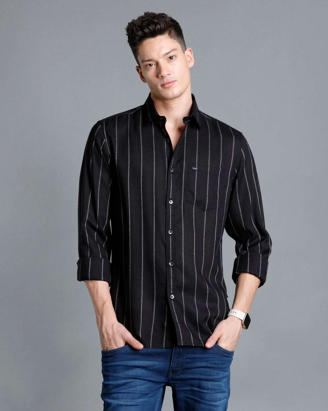 IDENTITI Men Slim Fit Regular Collar Striped Shirt In Black