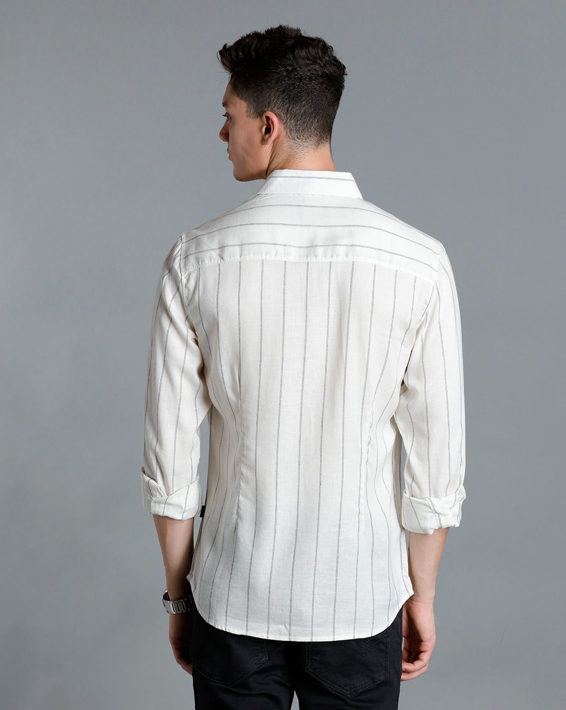 IDENTITI Men Slim Fit Regular Collar Striped Shirt In Offwhite