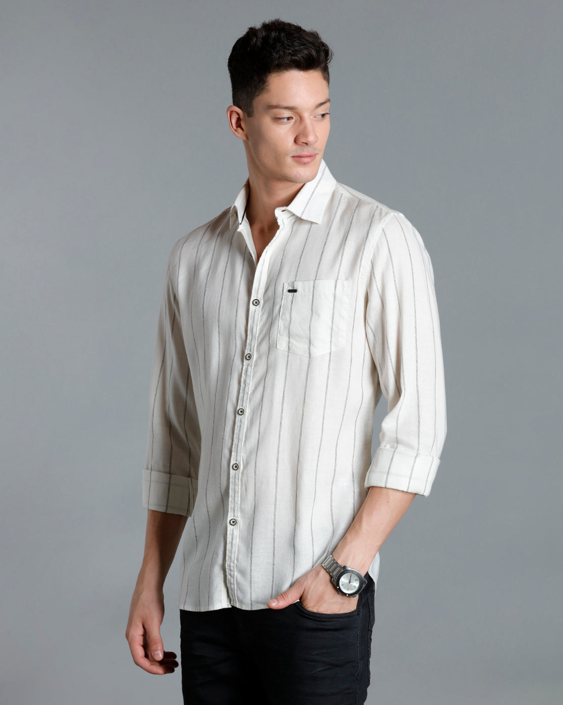 IDENTITI Men Slim Fit Regular Collar Striped Shirt In Offwhite
