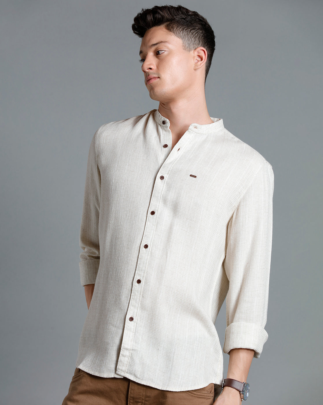 IDENTITI Men Slim Fit Mandarin Collar Checks Shirt In Beige