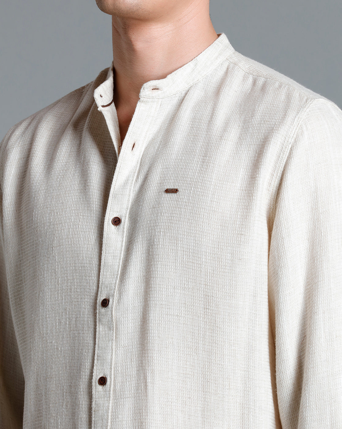 IDENTITI Men Slim Fit Mandarin Collar Checks Shirt In Beige