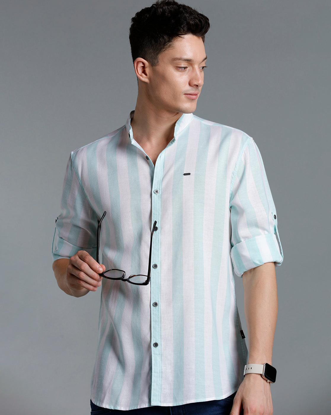 IDENTITI Men Slim Fit Mandarin Collar Striped Shirt In Green