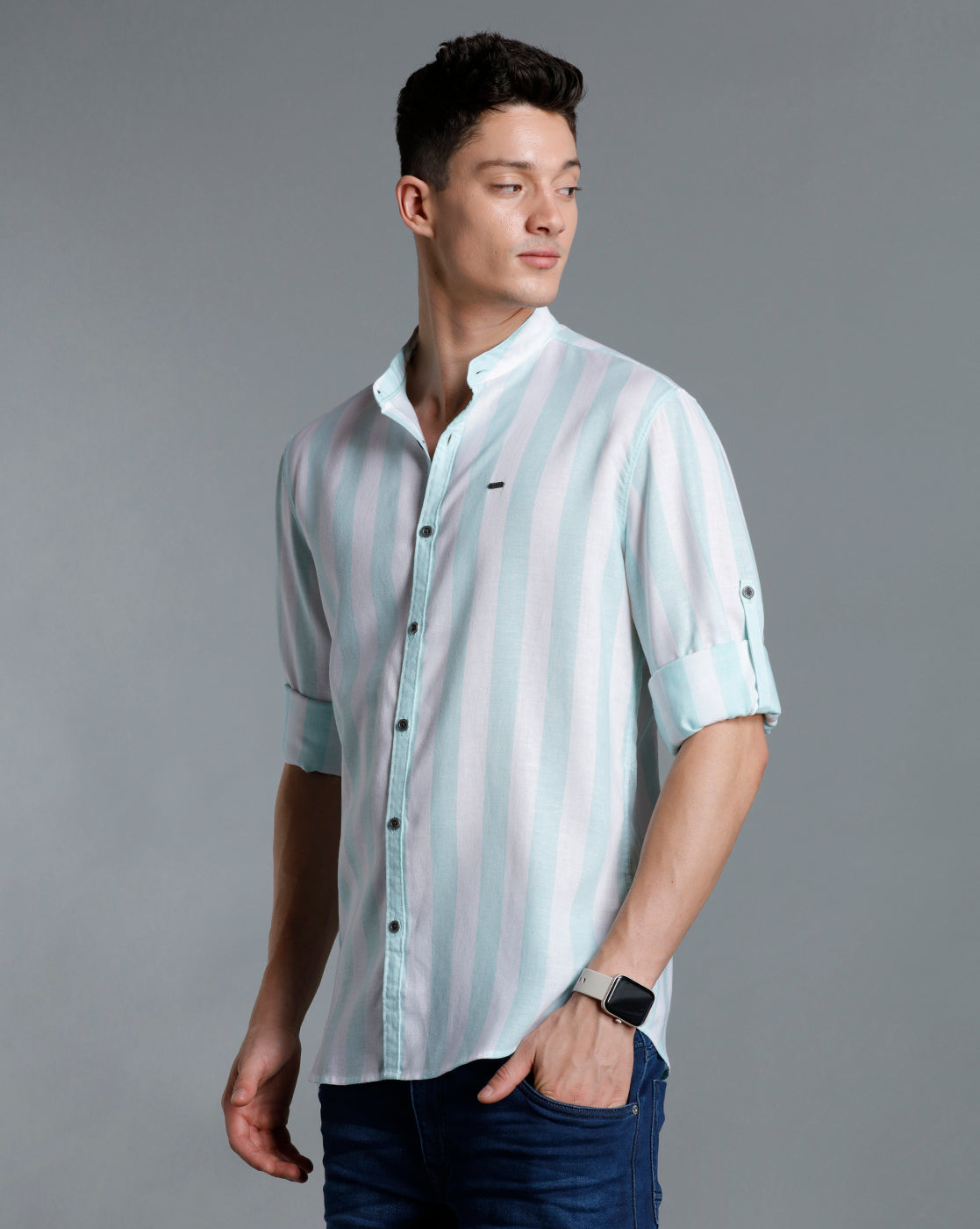 IDENTITI Men Slim Fit Mandarin Collar Striped Shirt In Green