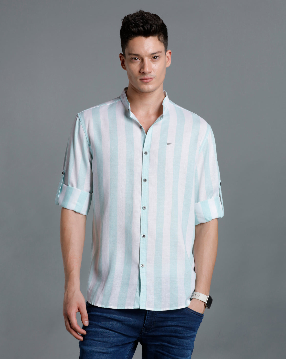 IDENTITI Men Slim Fit Mandarin Collar Striped Shirt In Green