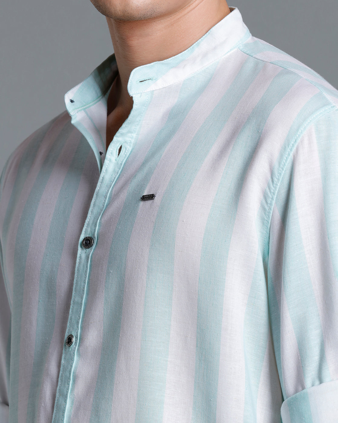 IDENTITI Men Slim Fit Mandarin Collar Striped Shirt In Green