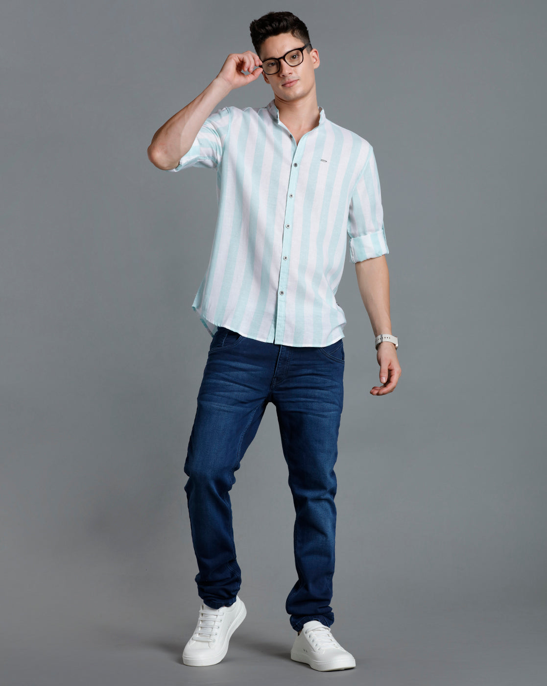 IDENTITI Men Slim Fit Mandarin Collar Striped Shirt In Green