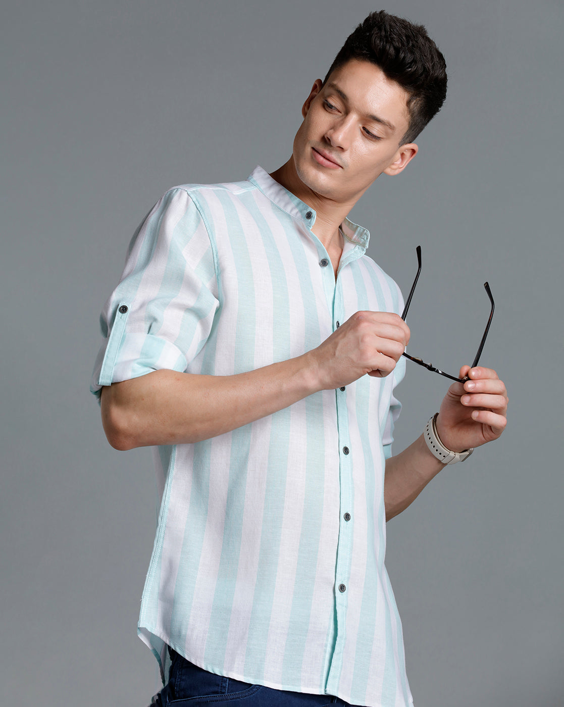 IDENTITI Men Slim Fit Mandarin Collar Striped Shirt In Green