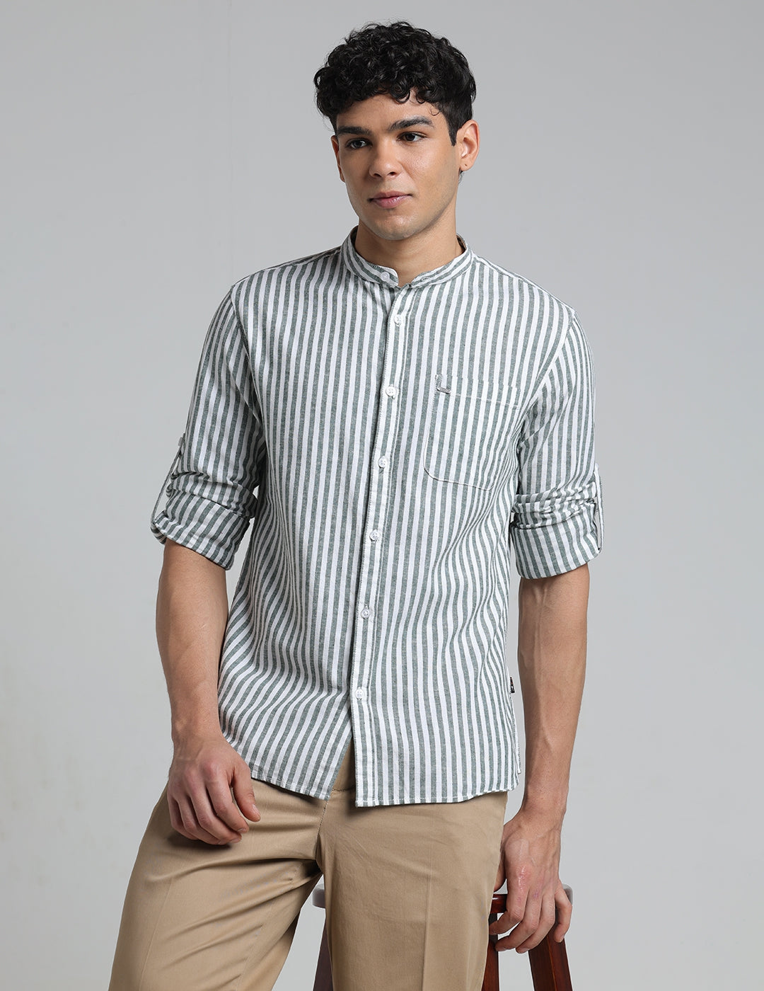 IDENTITI Men Slim Fit Mandarin Collar Striped Shirt In Green.