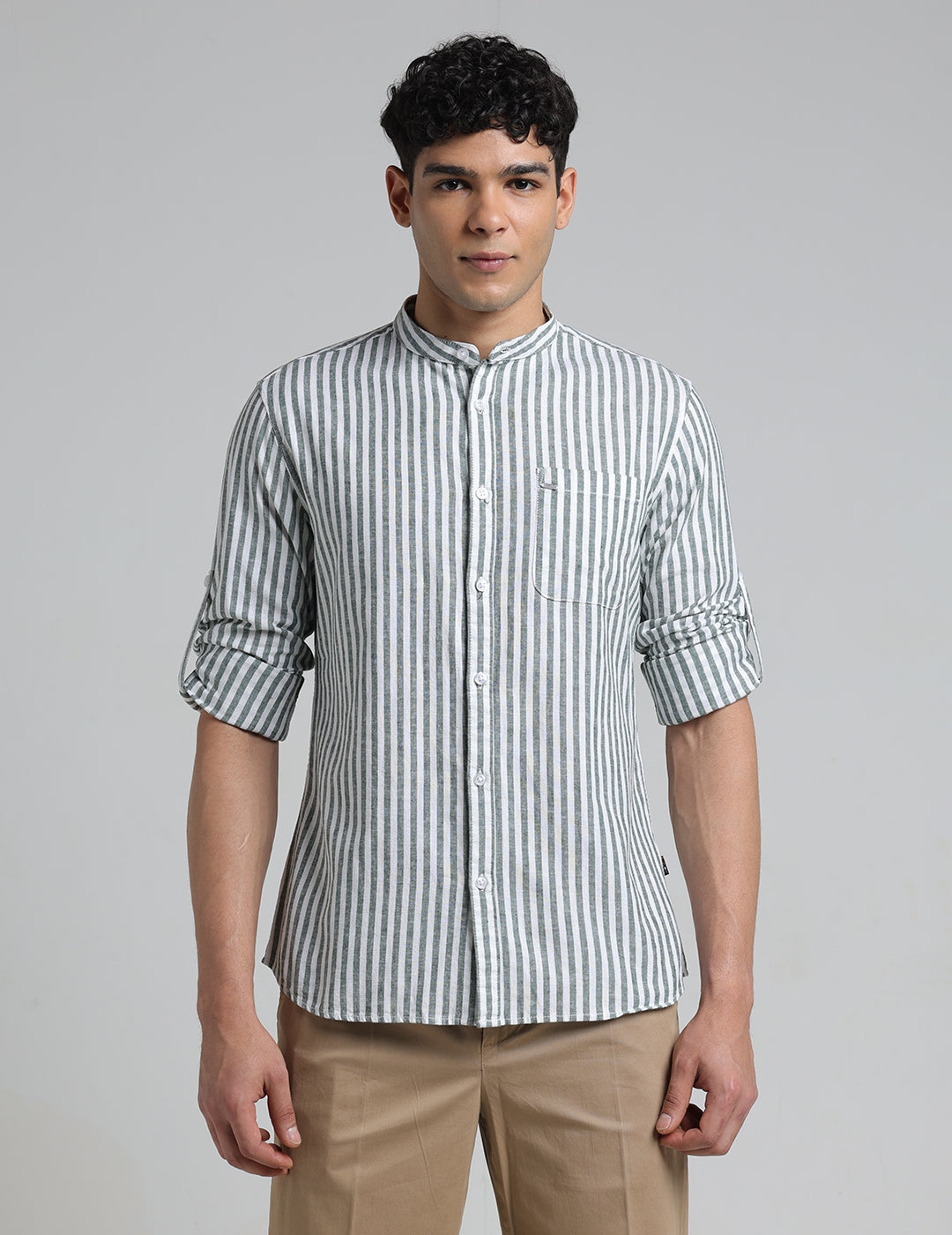 IDENTITI Men Slim Fit Mandarin Collar Striped Shirt In Green.