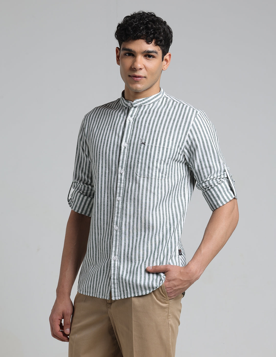 IDENTITI Men Slim Fit Mandarin Collar Striped Shirt In Green.