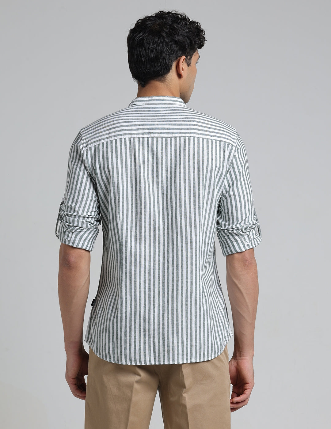 IDENTITI Men Slim Fit Mandarin Collar Striped Shirt In Green.