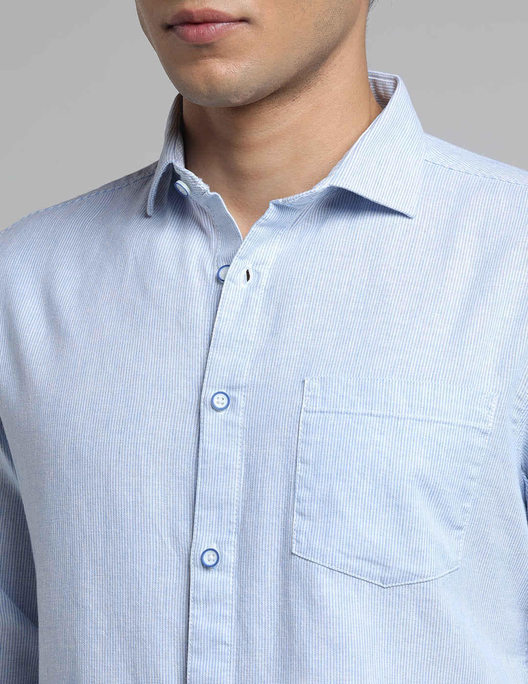 IDENTITI Men Slim Fit Cutaway Collar Striped Shirt In Blue.