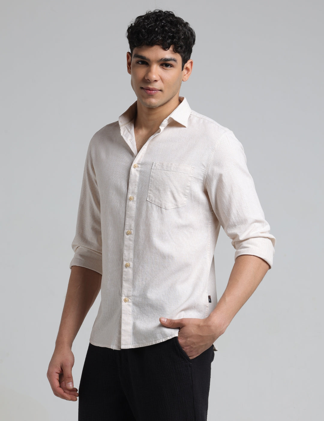 IDENTITI Men Slim Fit Cutaway Collar Striped Shirt In Beige.