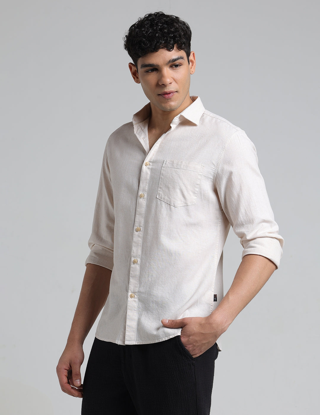 IDENTITI Men Slim Fit Cutaway Collar Striped Shirt In Beige.