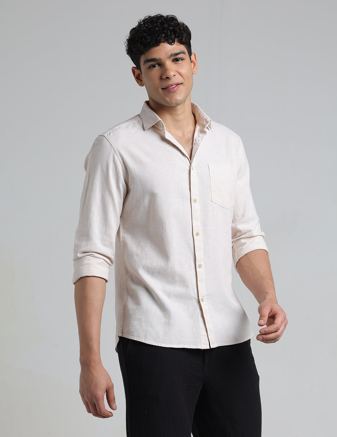 IDENTITI Men Slim Fit Cutaway Collar Striped Shirt In Beige.