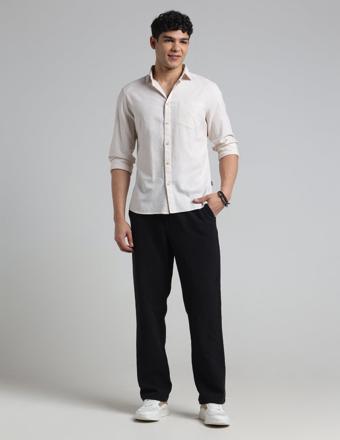 IDENTITI Men Slim Fit Cutaway Collar Striped Shirt In Beige.