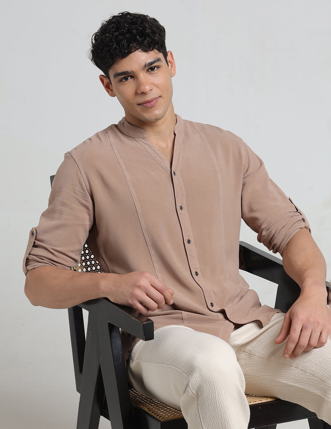 IDENTITI Men Slim Fit Mandarin Collar Solid Shirt In Sand.