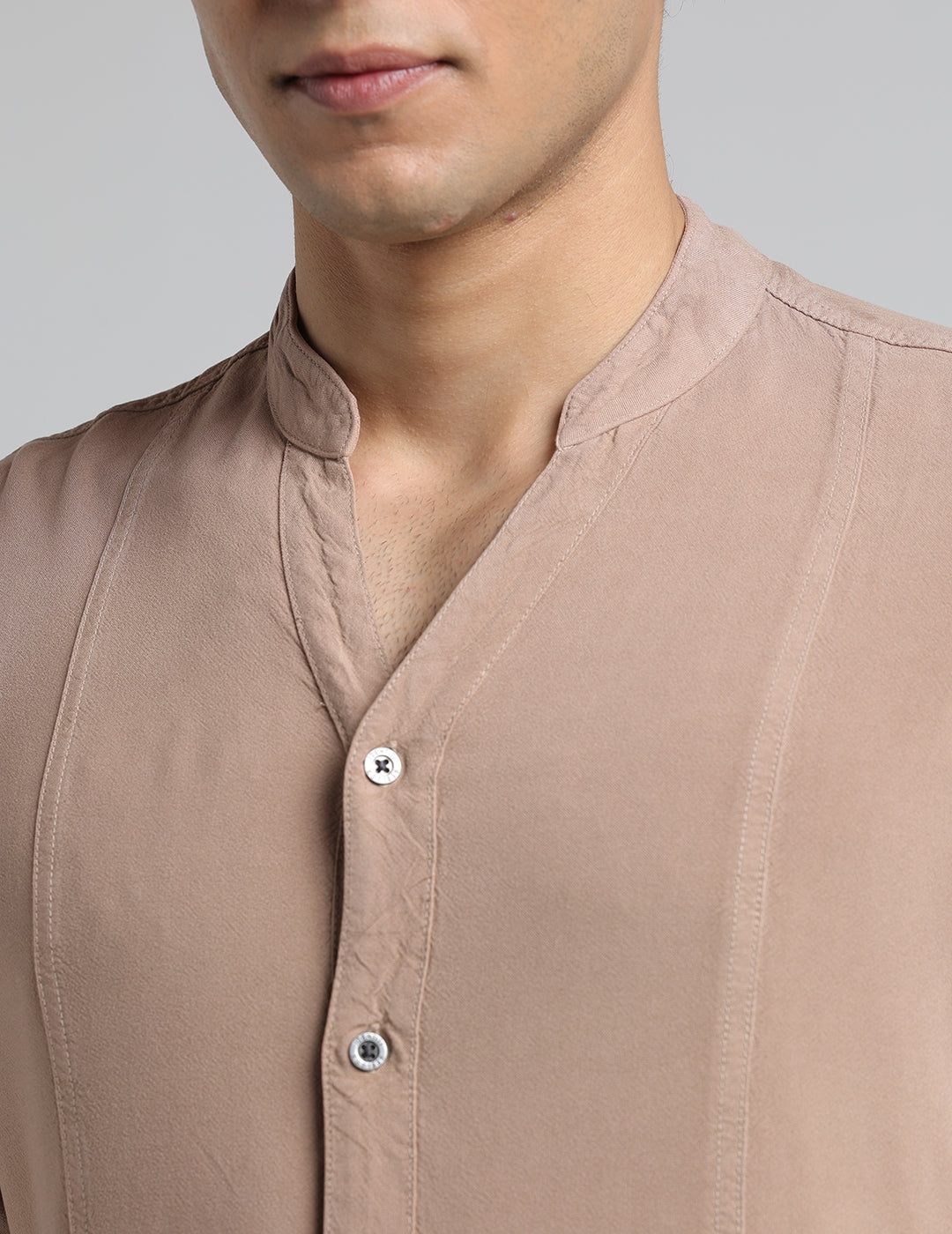 IDENTITI Men Slim Fit Mandarin Collar Solid Shirt In Sand.