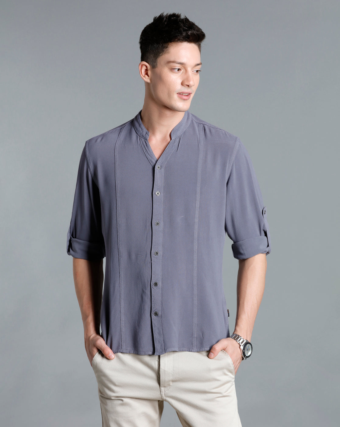 IDENTITI Men Slim Fit Mandarin Collar Solid Shirt In Grey