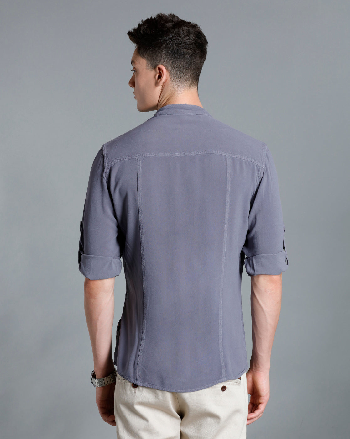 IDENTITI Men Slim Fit Mandarin Collar Solid Shirt In Grey