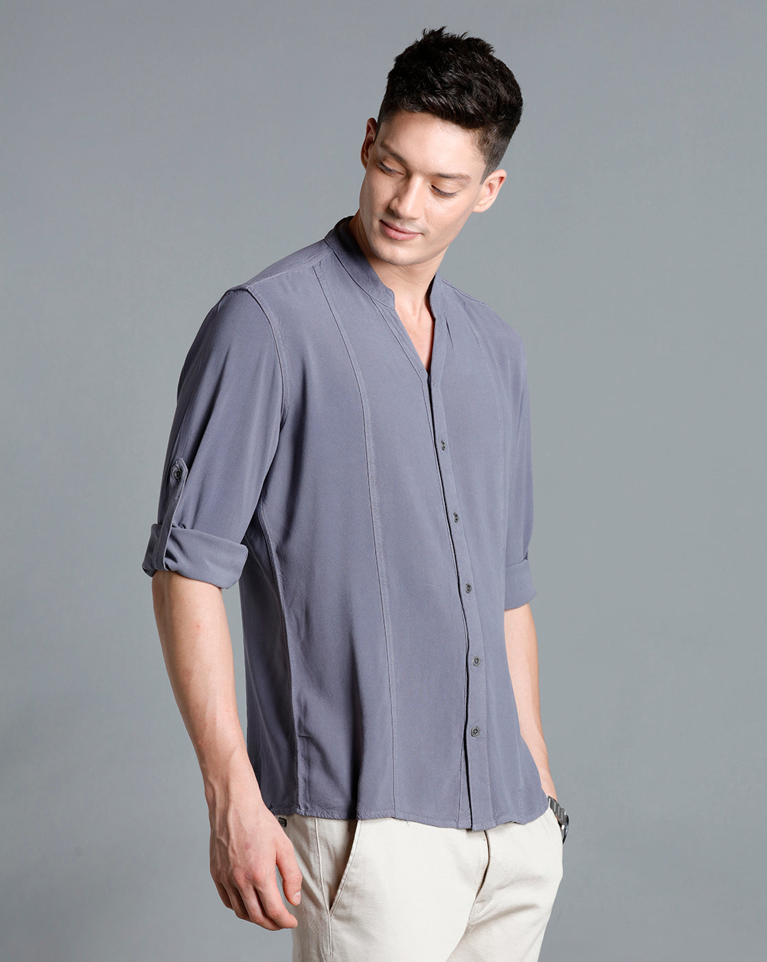 IDENTITI Men Slim Fit Mandarin Collar Solid Shirt In Grey