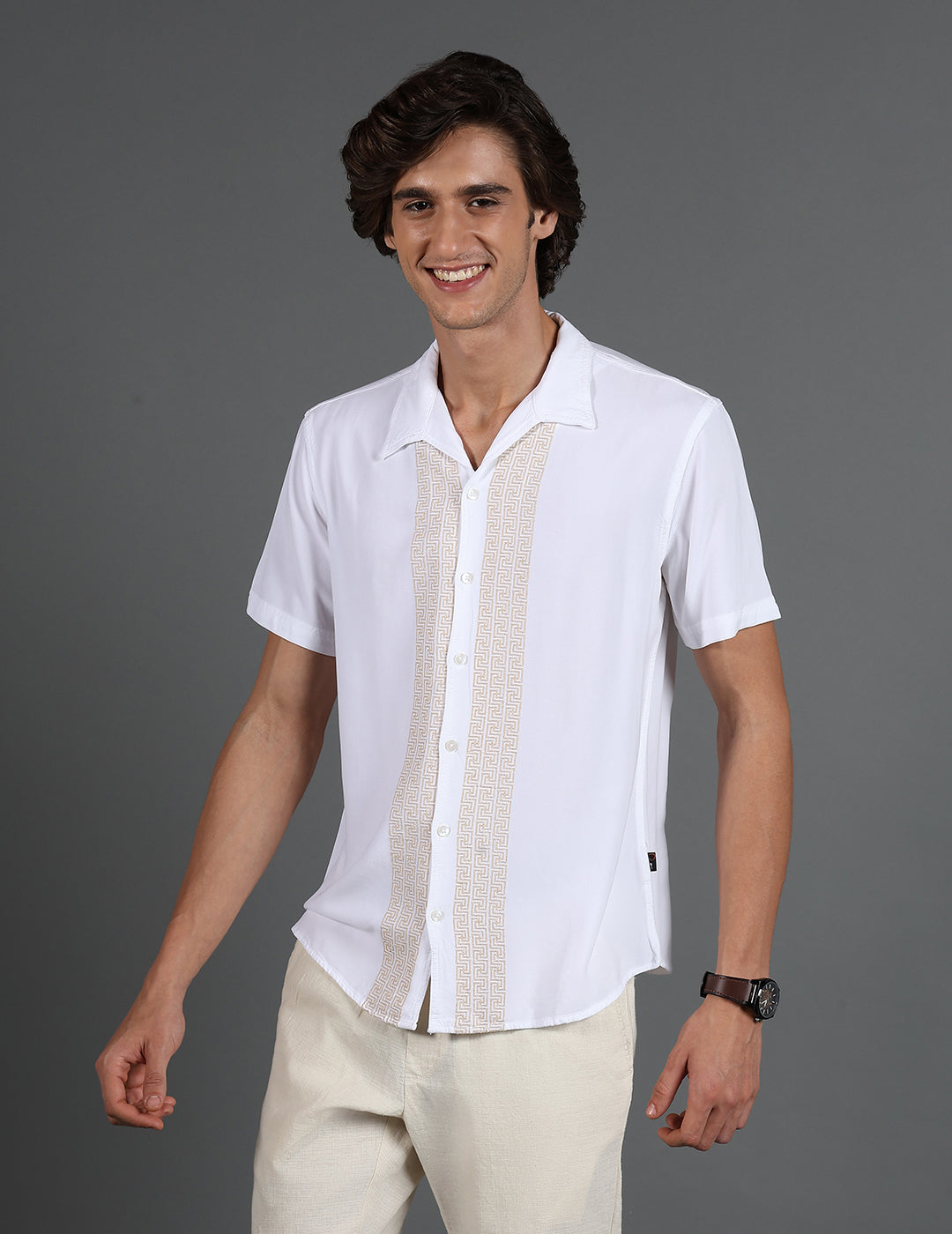 IDENTITI Men Slim Fit Cuban Collar Solid Shirt In White.