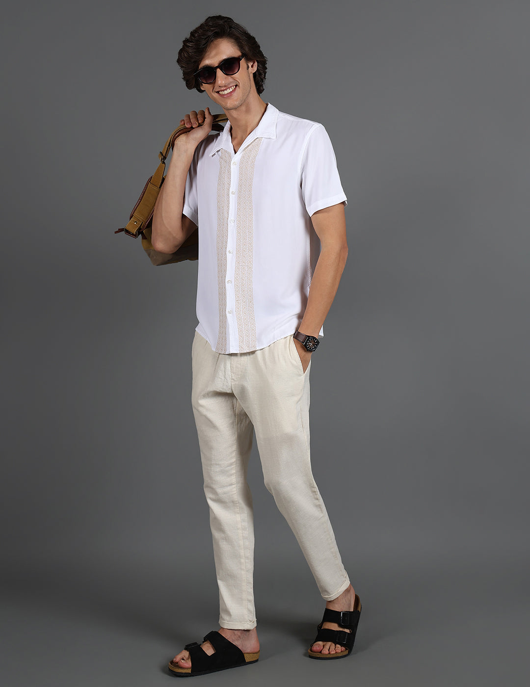 IDENTITI Men Slim Fit Cuban Collar Solid Shirt In White.