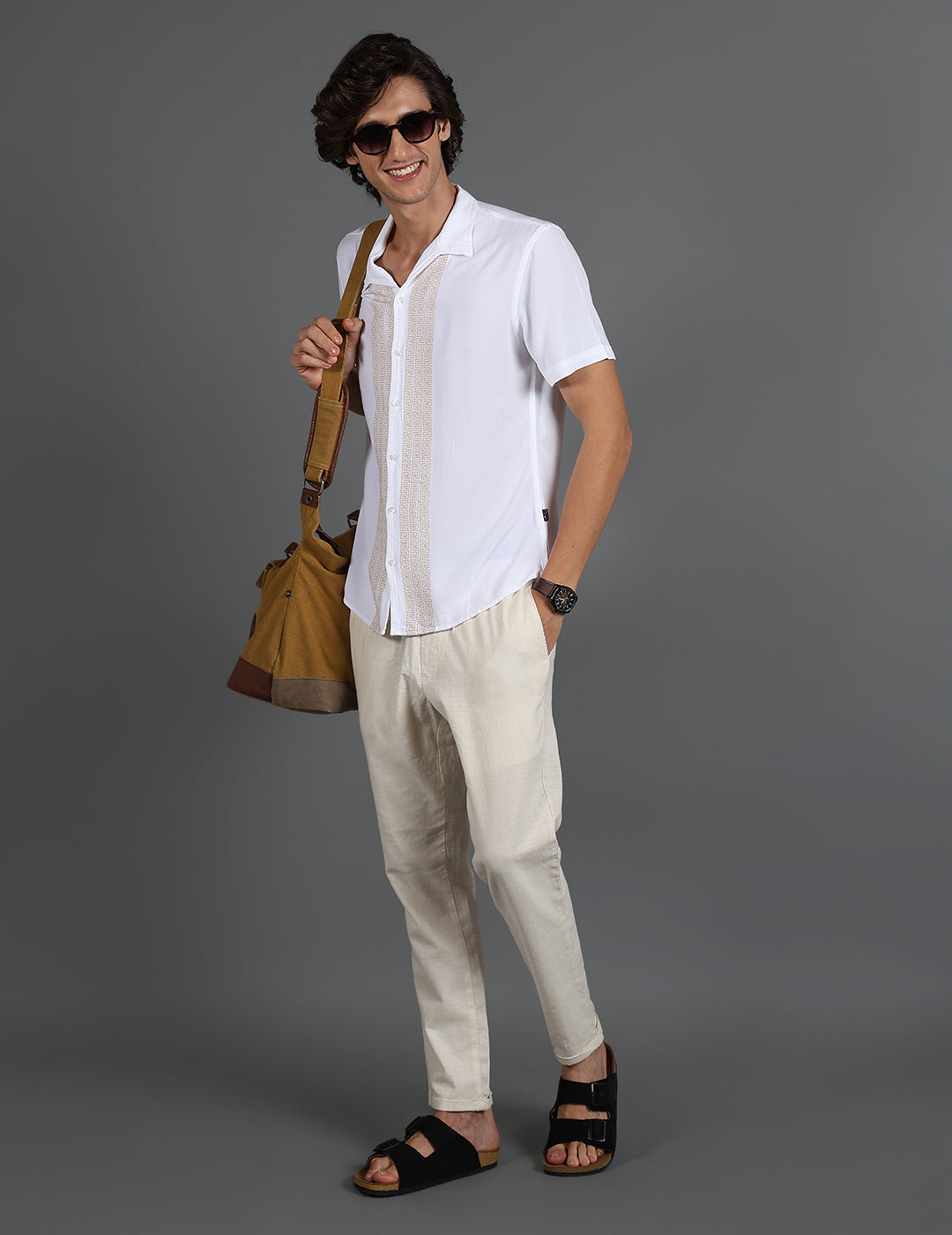 IDENTITI Men Slim Fit Cuban Collar Solid Shirt In White.