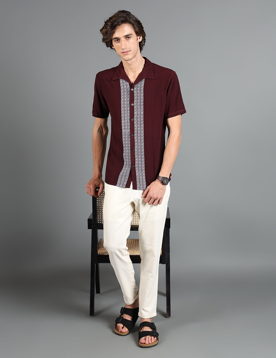 IDENTITI Men Slim Fit Cuban Collar Solid Shirt In Brown.