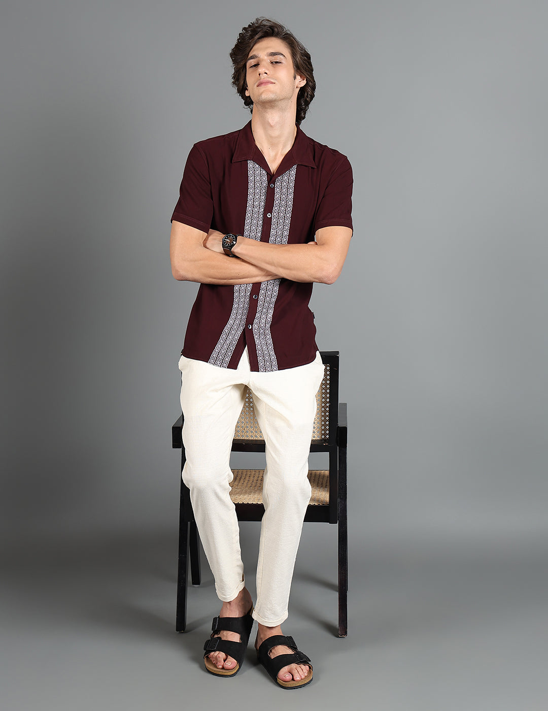 IDENTITI Men Slim Fit Cuban Collar Solid Shirt In Brown.