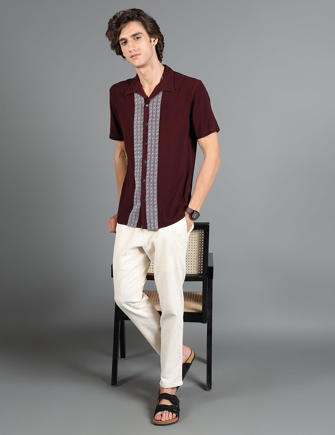 IDENTITI Men Slim Fit Cuban Collar Solid Shirt In Brown.