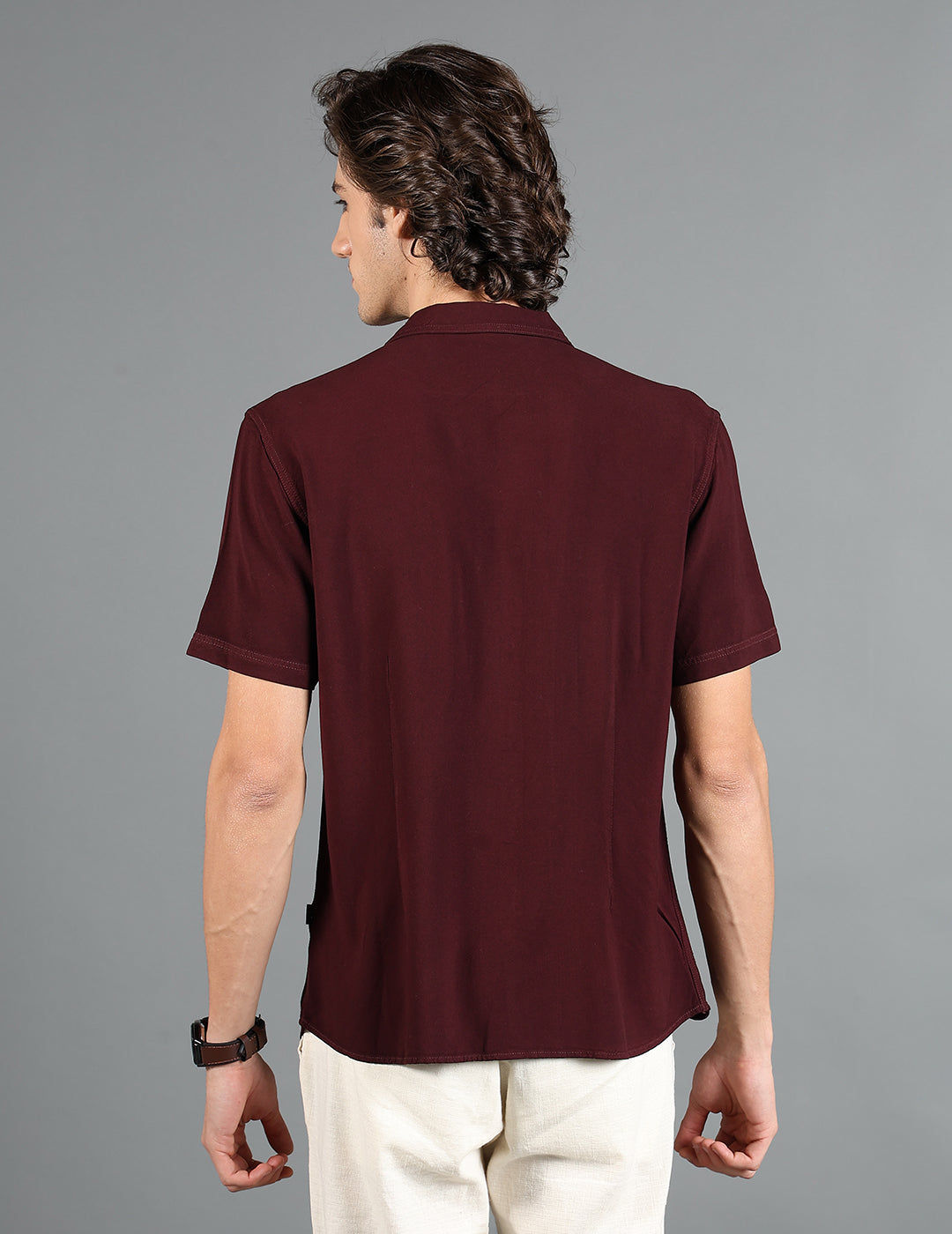 IDENTITI Men Slim Fit Cuban Collar Solid Shirt In Brown.