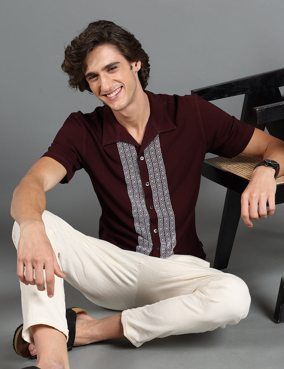 IDENTITI Men Slim Fit Cuban Collar Solid Shirt In Brown.