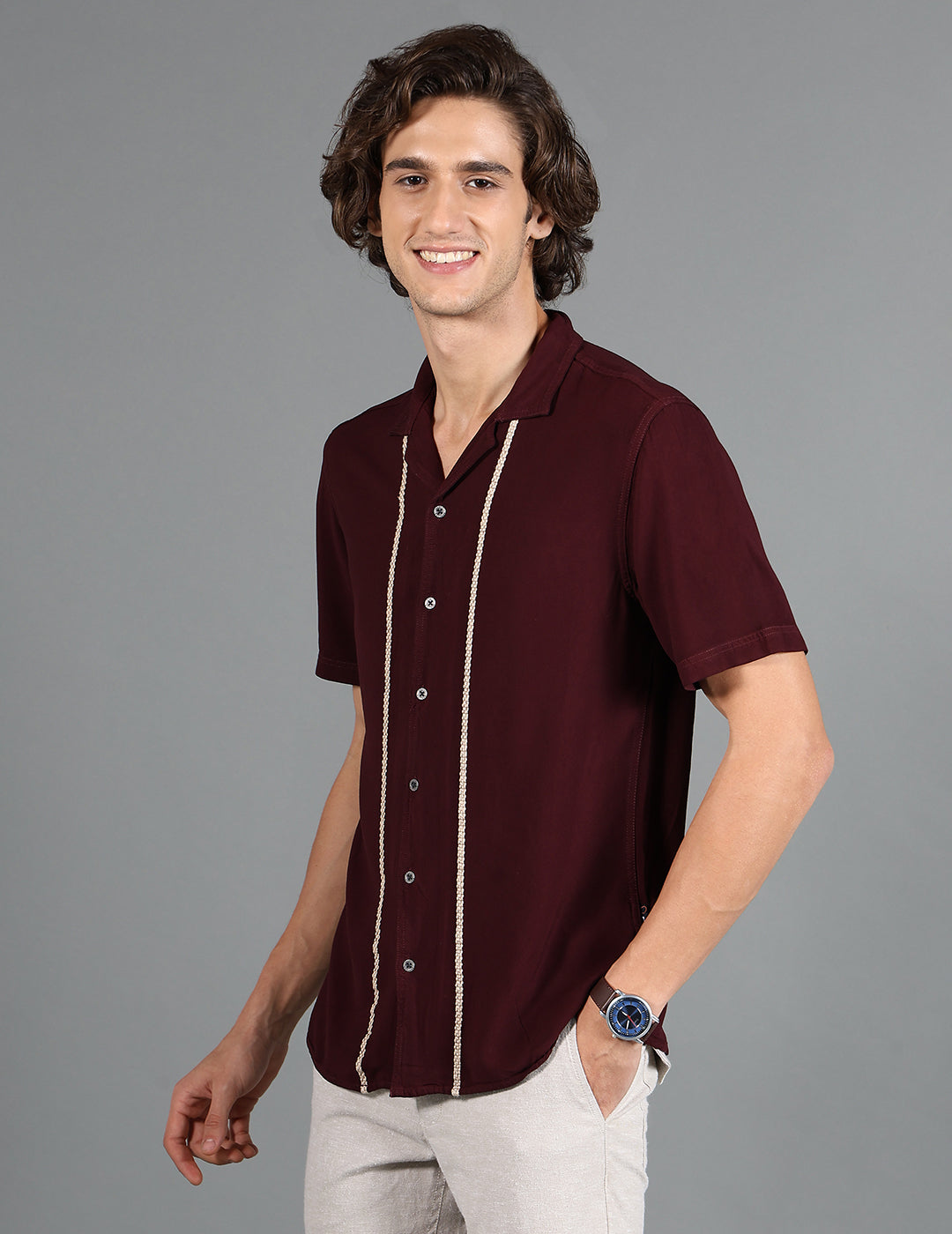 IDENTITI Men Slim Fit Cuban Collar Solid Shirt In Brown.