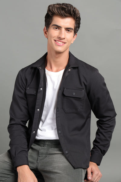 IDENTITI Men Slim Fit Regular Collar Solid Shacket In Black.