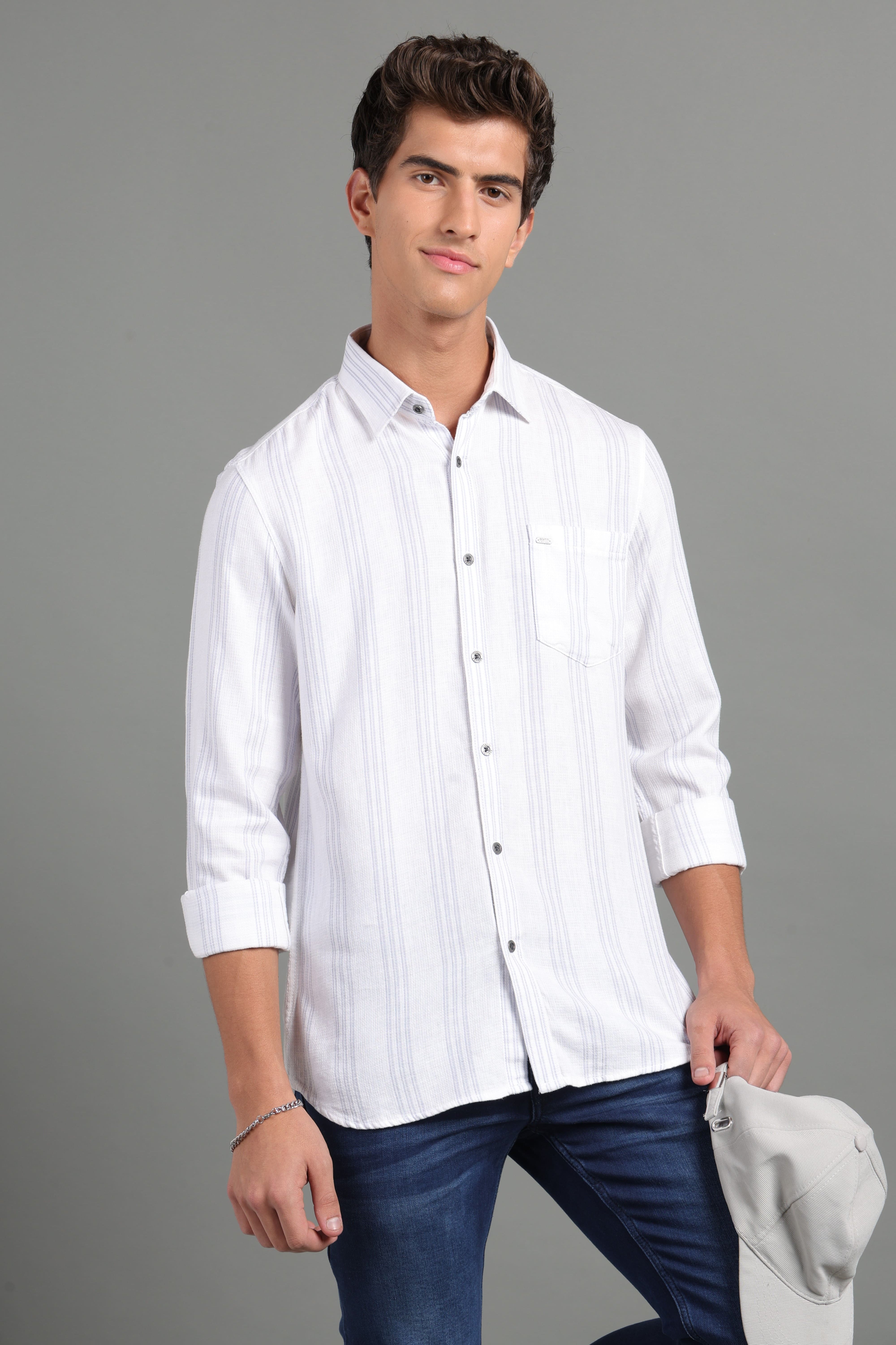 IDENTITI Men Slim Fit Regular Collar Striped Shirt In White.