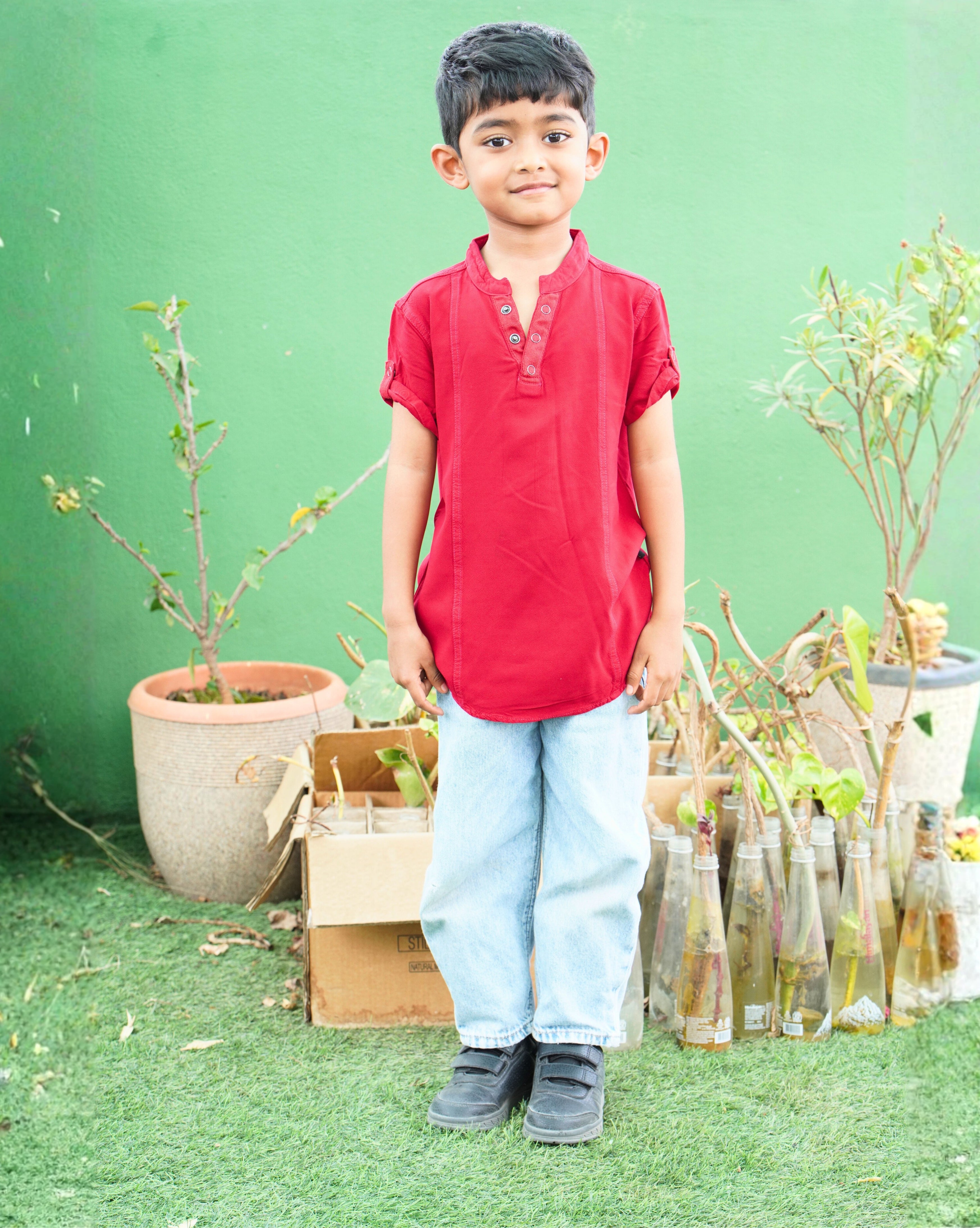 IDENTITI Boys Slim Fit Mandarin Collar Solid Shirt In Red.