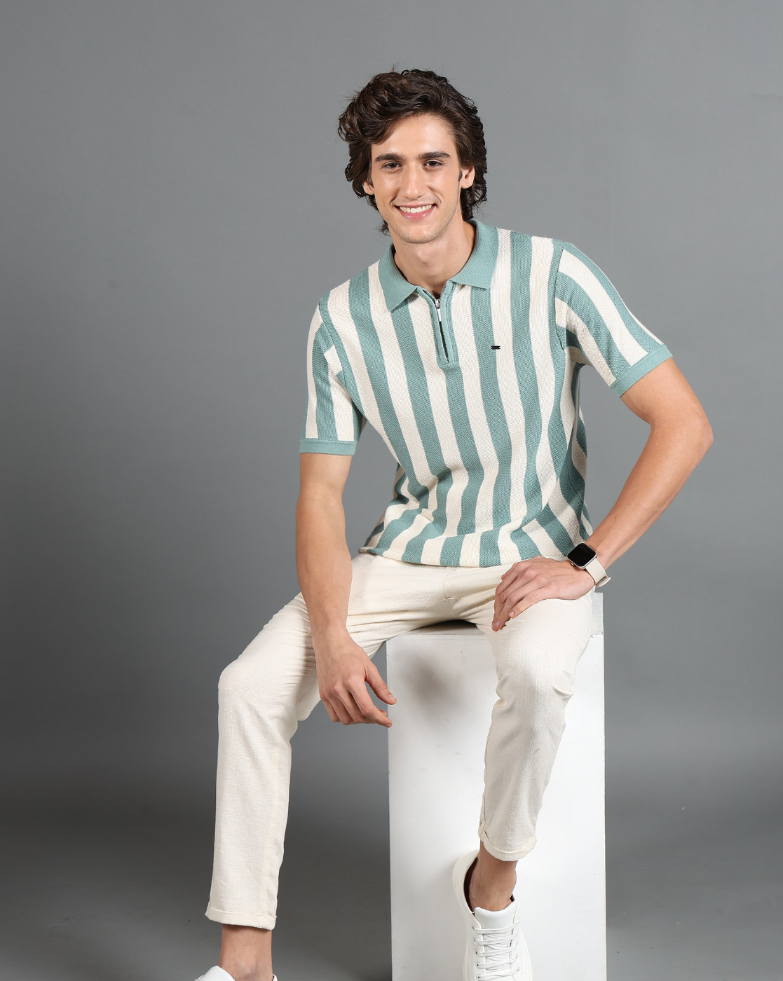 IDENTITI Mint Green Half Sleeve Striped Slim Fit Cotton Casual Polo T-Shirt For Men.