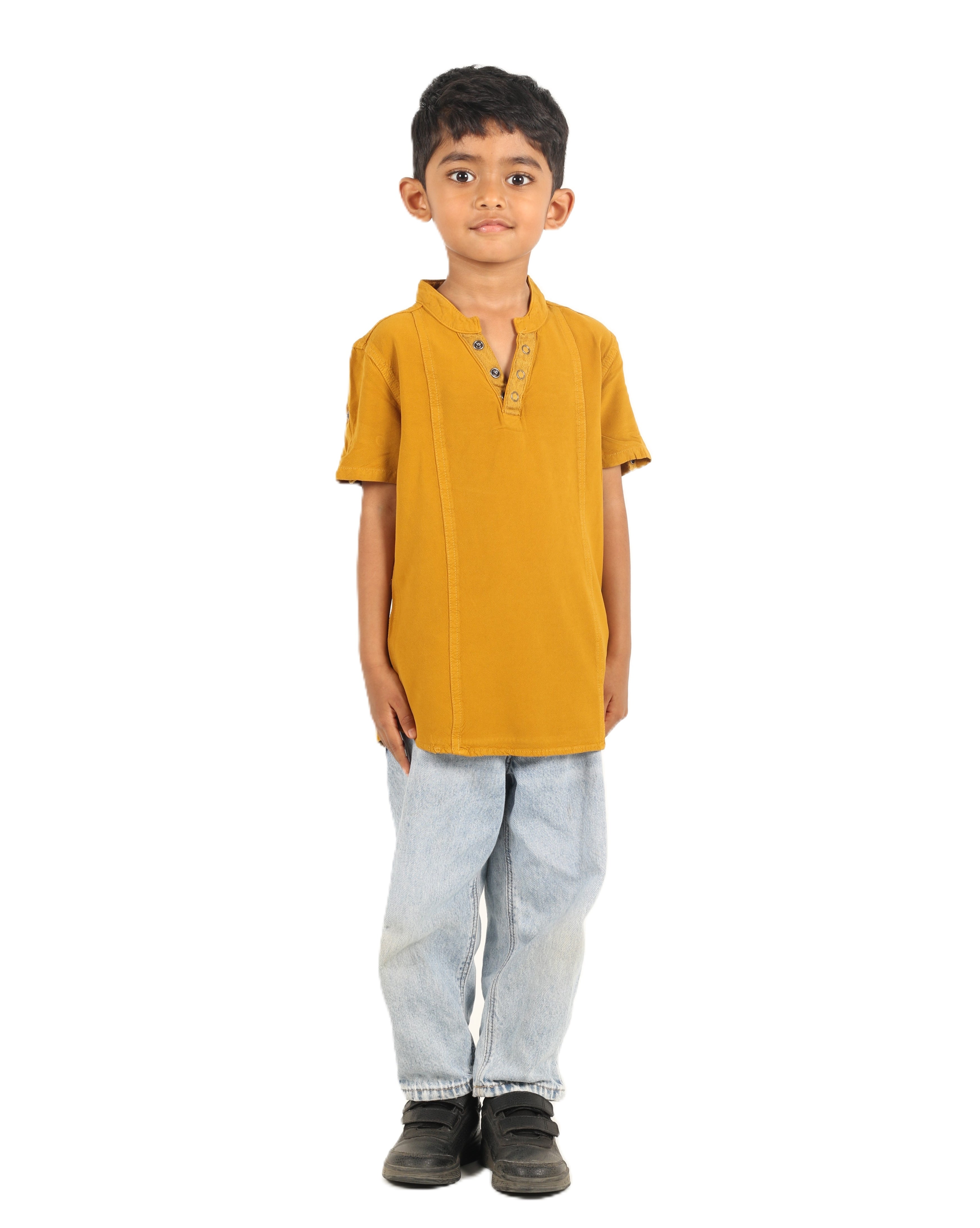 IDENTITI Boys Slim Fit Mandarin Collar Solid Shirt In Mustard.