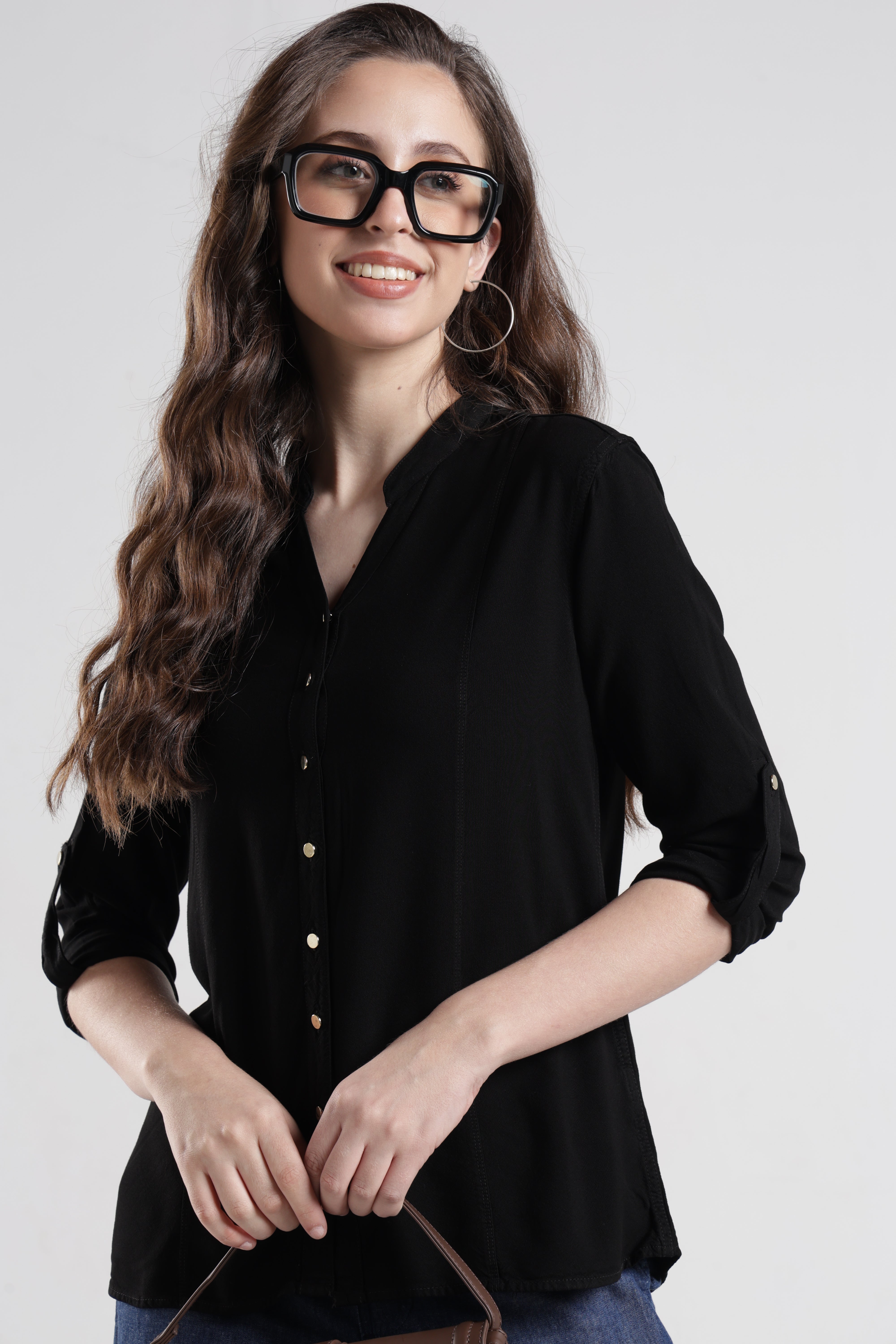 Identiti Women Indo Western Solid Shirt - Black