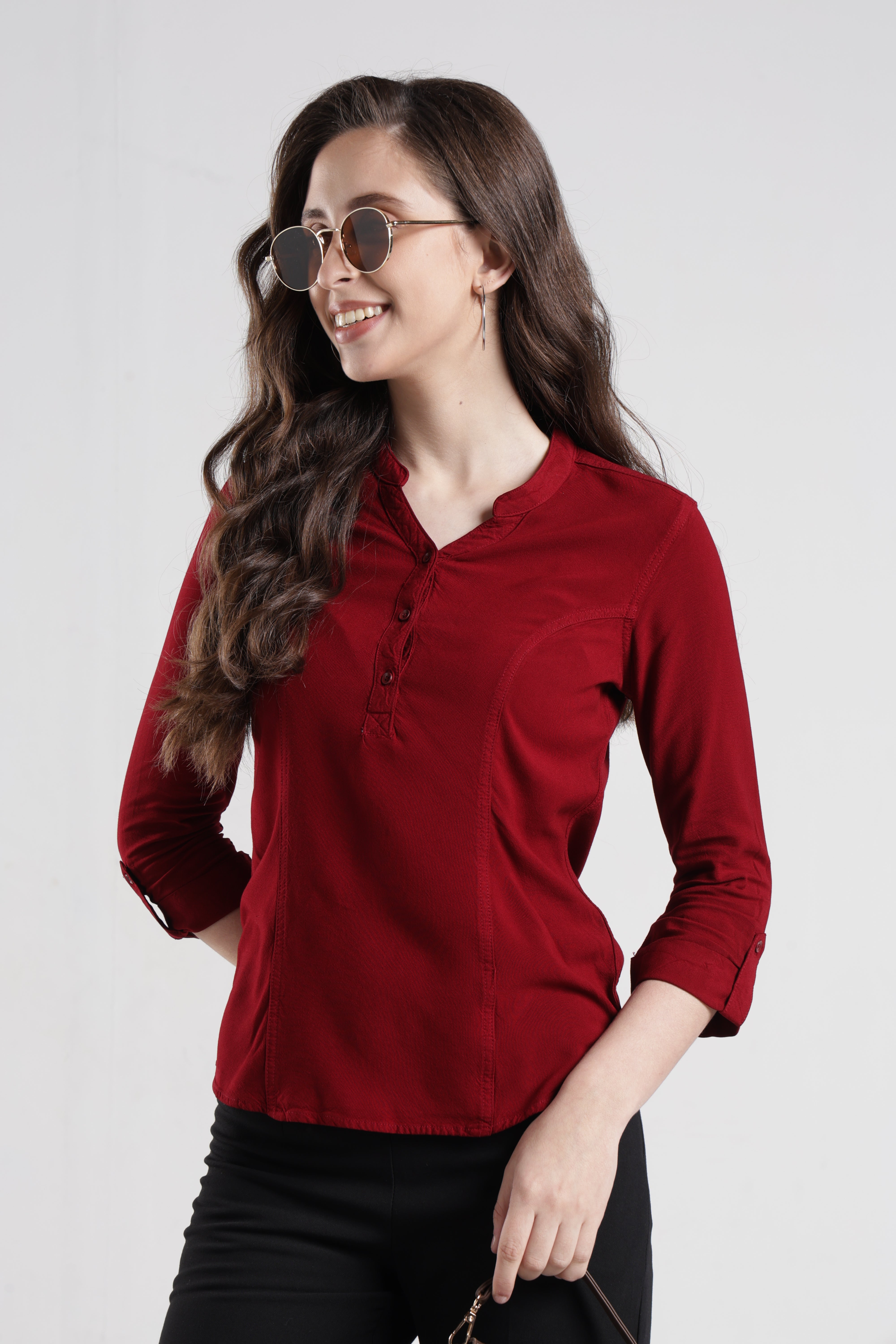 Identiti Women Indo Western Solid Shirt - Maroon
